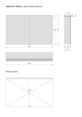 TIMERA SENTA HSSN zrcadlová skříňka 120x70,7x21,7 cm, osvětlení, s vypínačem a el. zásuvkou, hliník, stříbrná HSSN 0707 1200.301 Technický nákres