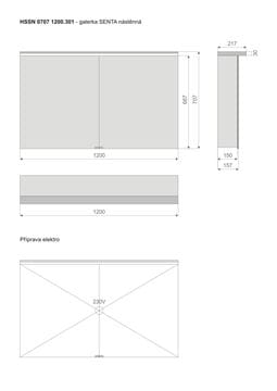 TIMERA SENTA HSSN zrcadlová skříňka 120x70,7x21,7 cm, osvětlení, s vypínačem a el. zásuvkou, hliník, stříbrná HSSN 0707 1200.301 Technický nákres