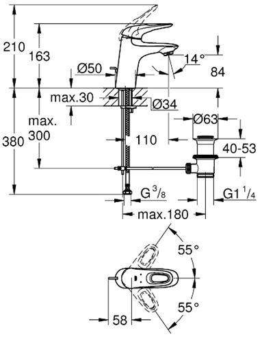 GROHE EUROSTYLE umyvadlová stojánková baterie, s odtokovou soupravou, chrom 23564003 Technický nákres