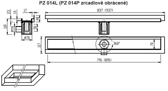 AZP BRNO sprchový žlab 800 mm, do rohu, boční odtok DN 50, rošt pro vložení dlažby, pravý, nerez ocel PZ 014P.800 Technický nákres