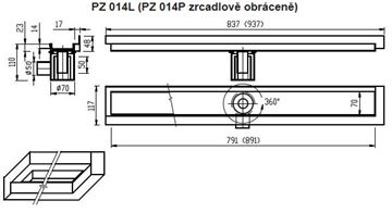 AZP BRNO sprchový žlab 800 mm, do rohu, boční odtok DN 50, rošt pro vložení dlažby, pravý, nerez ocel PZ 014P.800 Technický nákres