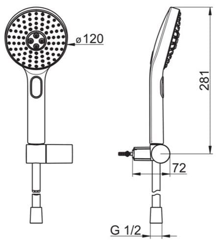 HANSA ACTIVEJET sprchová souprava 3-dílná, ruční sprcha pr. 120 mm, 3 proudy, hadice, držák, chrom/světle šedá 84380133 Technický nákres