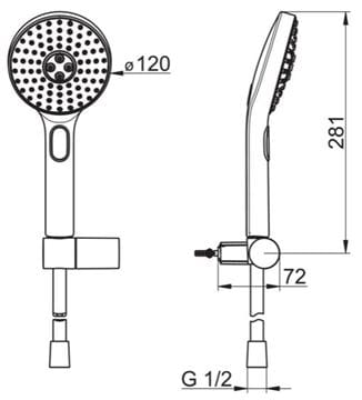 HANSA ACTIVEJET sprchová souprava 3-dílná, ruční sprcha pr. 120 mm, 3 proudy, hadice, držák, chrom/světle šedá 84380133 Technický nákres