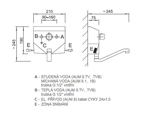 AZP BRNO umyvadlová senzorová termostatická baterie, napájení ze sítě, nerez AUM 8.TV Technický nákres