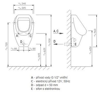 AZP BRNO pisoár Apollo s automatickým inteligentním (IQ) splachovačem, napájení z baterie, zadní přívod vody AUP 29.B Technický nákres
