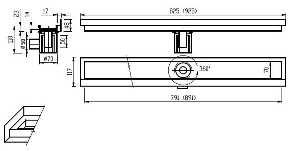 AZP BRNO sprchový žlab 900 mm, mezi 3 stěny, boční odtok DN 50, rošt pro vložení dlažby, nerez ocel PZ 014LP.900 Technický nákres