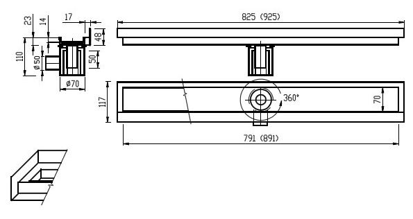 AZP BRNO sprchový žlab 800 mm, mezi 3 stěny, boční odtok DN 50, rošt pro vložení dlažby, nerez ocel PZ 014LP.800 Technický nákres