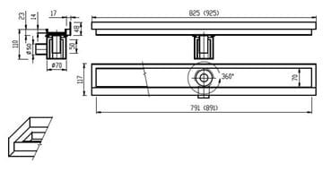 AZP BRNO sprchový žlab 800 mm, mezi 3 stěny, boční odtok DN 50, rošt pro vložení dlažby, nerez ocel PZ 014LP.800 Technický nákres