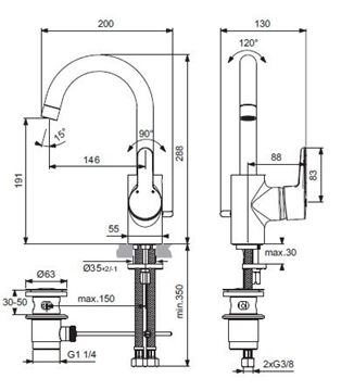 IDEAL STANDARD CONNECT BLUE umyvadlová stojánková baterie, s odtokovou soupravou, chrom B0112AA Technický nákres