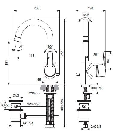 IDEAL STANDARD CONNECT BLUE umyvadlová stojánková baterie, s odtokovou soupravou, chrom B0112AA Technický nákres