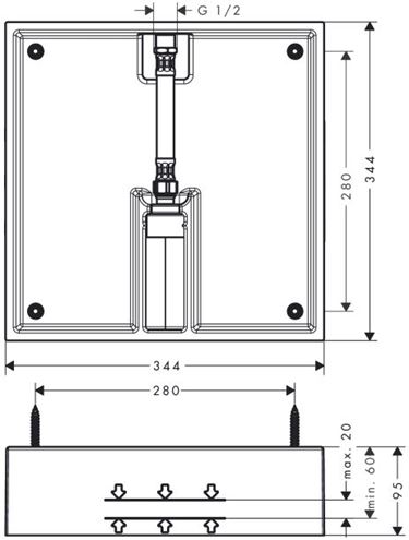 HANSGROHE RAINDANCE základní těleso 400x400mm, pro horní sprchu, chrom 26254180 Technický nákres