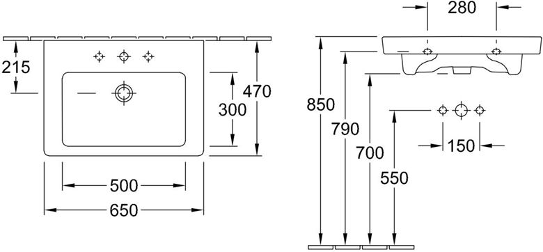 VILLEROY & BOCH SUBWAY 2.0 umyvadlo 65 cm, s otvorem pro baterii a přepadem, CeramicPlus, alpská bílá 7113FAR1 Technický nákres
