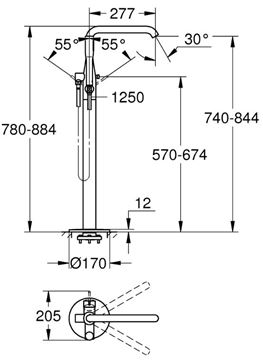 GROHE ESSENCE NEW vanová baterie na podlahu, s přepínačem, se sprchovou soupravou, chrom 23491001 Technický nákres