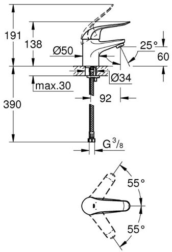 GROHE EUROECO SPECIAL umyvadlová stojánková baterie, chrom 32762000 Technický nákres