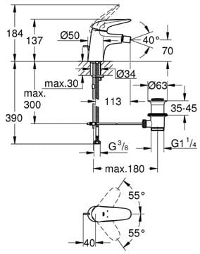 GROHE EUROSTYLE bidetová stojánková baterie, s odtokovou soupravou, Water Saving, chrom 23720003 Technický nákres