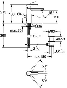 GROHE LINEARE umyvadlová stojánková baterie, s odtokovou soupravou, chrom 32114001 Technický nákres