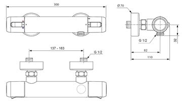 CONCEPT 100 sprchová nástěnná termostatická baterie, chrom A7282AA Technický nákres