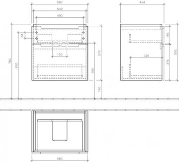 VILLEROY & BOCH SUBWAY 2.0 skříňka pod umyvadlo 58,7x45,4x59 cm, 2 zásuvky, Glossy White A90910DH Technický nákres