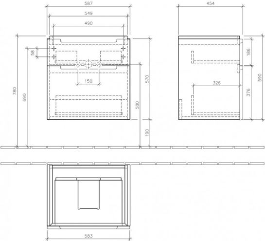 VILLEROY & BOCH SUBWAY 2.0 skříňka pod umyvadlo 58,7x45,4x59 cm, 2 zásuvky, Glossy White A90910DH Technický nákres