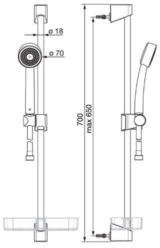 HANSA BASICJET sprchová souprava 4-dílná, ruční sprcha pr. 70 mm, tyč, hadice, mýdlenka, chrom 44780211 Technický nákres