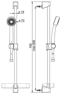 HANSA BASICJET sprchová souprava 4-dílná, ruční sprcha pr. 70 mm, tyč, hadice, mýdlenka, chrom 44780211 Technický nákres