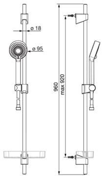HANSA BASICJET sprchová souprava 4-dílná, ruční sprcha pr. 95 mm, 3 proudy, tyč, hadice, mýdlenka, Eco, chrom 44670133 Technický nákres