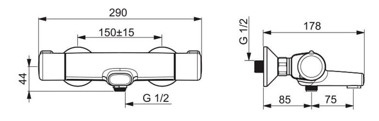 HANSA MICRA vanová nástěnná termostatická baterie, s přepínačem, chrom 58162171 Technický nákres
