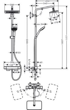 HANSGROHE CROMA E SHOWERPIPE 280 sprchový set s termostatickou baterií, horní sprcha, ruční sprcha se 3 proudy, tyč, hadice, EcoSmart, chrom 27660000 Technický nákres