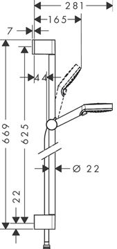 HANSGROHE CROMETTA VARIO 2JET sprchová souprava 3-dílná, ruční sprcha pr. 110 mm, 2 proudy, tyč, hadice, bílá/chrom 26532400 Technický nákres