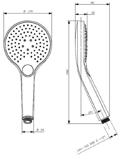 CONCEPT 200 ruční sprcha pr. 120 mm, 3 proudy, chrom PM06037W/CO Technický nákres