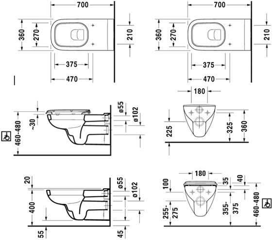 DURAVIT D-CODE bezbariérové závěsné WC 22280900002 Technický nákres