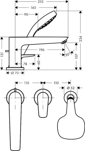 HANSGROHE TALIS E baterie na okraj vany, 3-otvorová, se sprchovou soupravou, chrom 71731000 Technický nákres
