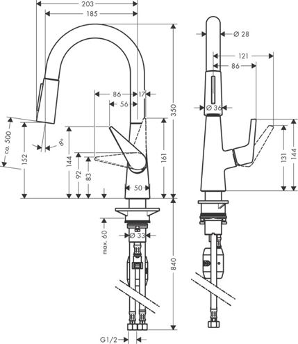 HANSGROHE TALIS M51 dřezová baterie, s vytahovací sprškou, chrom 72815000 Technický nákres