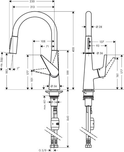 HANSGROHE TALIS M51 2JET dřezová baterie, s vytahovací sprškou, nerez 72813800 Technický nákres