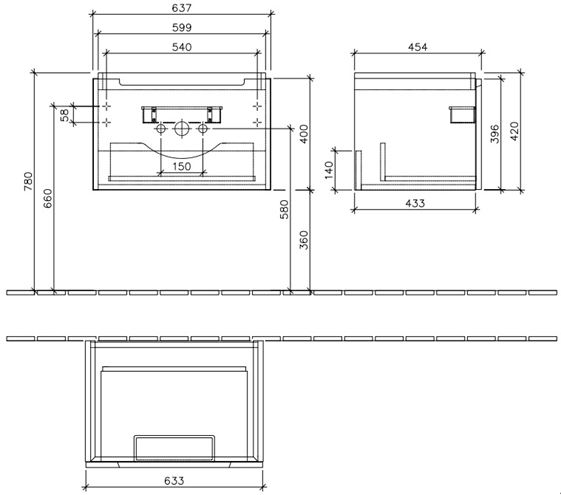 VILLEROY & BOCH SUBWAY 2.0 skříňka pod umyvadlo 63,7x45,4x42 cm, 1 zásuvka, Glossy White A68810DH Technický nákres
