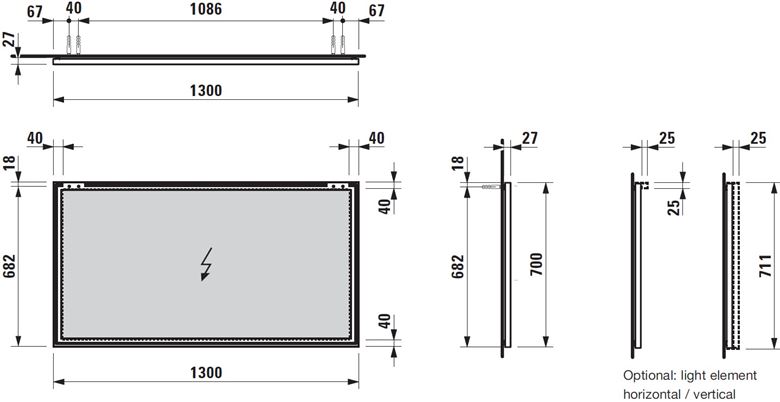 LAUFEN FRAME 25 zrcadlo 100x70 cm H4474069001441 Technický nákres