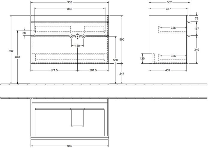 VILLEROY & BOCH VENTICELLO skříňka pod umyvadlo 95,3x50,2x59 cm, 2 zásuvky, Glossy White A92801DH Technický nákres