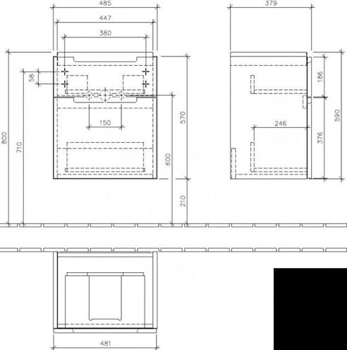 VILLEROY & BOCH SUBWAY 2.0 skříňka pod umyvadlo 48,5x37,9x59 cm, 2 zásuvky, Glossy White A90710DH Technický nákres