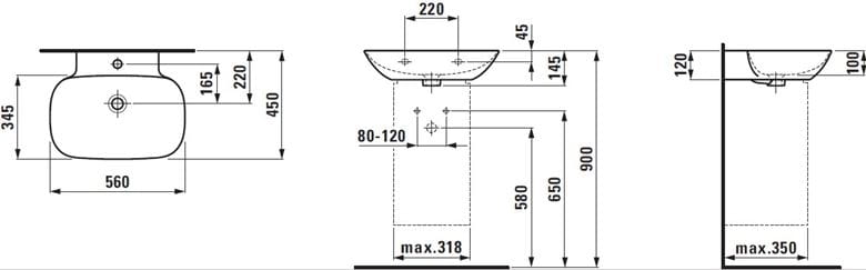 LAUFEN INO umyvadlo 56 cm, s otvorem pro baterii a přepadem H8103020001041 Technický nákres