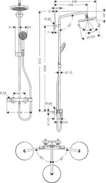 HANSGROHE CROMA SHOWERPIPE 220 sprchový set s termostatickou baterií, horní sprcha, ruční sprcha se 4 proudy, tyč, hadice, chrom 27185000 Technický nákres