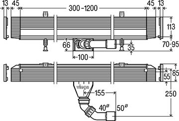 VIEGA ADVANTIX VARIO 4968.10 sprchový žlab 1200 mm, ke stěně, boční odtok DN 50, bez roštu, plast 736736 Technický nákres