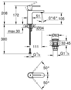 GROHE PLUS umyvadlová stojánková baterie, s odtokovou soupravou, chrom 33163003 Technický nákres
