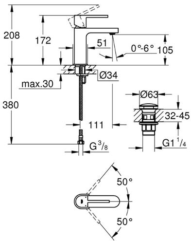 GROHE PLUS umyvadlová stojánková baterie, s odtokovou soupravou, chrom 33163003 Technický nákres