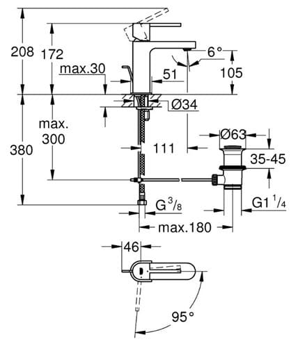 GROHE PLUS umyvadlová stojánková baterie, s odtokovou soupravou, studený start, chrom 23870003 Technický nákres