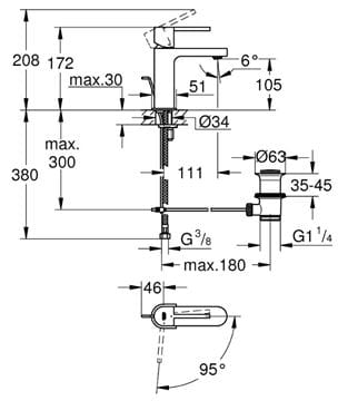 GROHE PLUS umyvadlová stojánková baterie, s odtokovou soupravou, studený start, chrom 23870003 Technický nákres