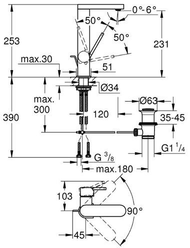 GROHE PLUS umyvadlová stojánková baterie, s odtokovou soupravou, chrom 23851003 Technický nákres