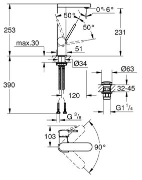 GROHE PLUS umyvadlová stojánková baterie, s odtokovou soupravou, chrom 23873003 Technický nákres