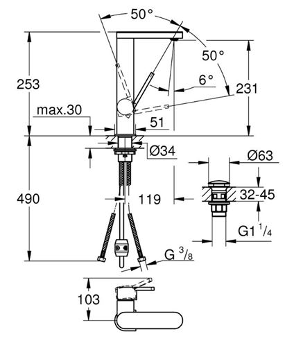 GROHE PLUS umyvadlová stojánková baterie, s odtokovou soupravou, chrom 23844003 Technický nákres