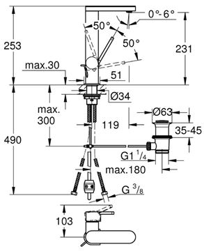 GROHE PLUS umyvadlová stojánková baterie, s odtokovou soupravou, chrom 23843003 Technický nákres