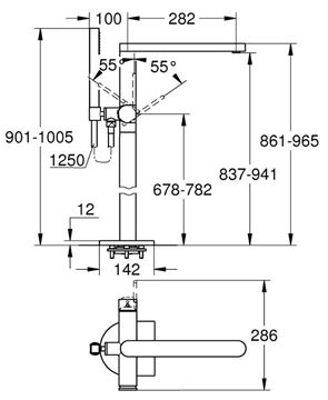 GROHE PLUS vanová baterie na podlahu, s přepínačem, se sprchovou soupravou, chrom 23846003 Technický nákres